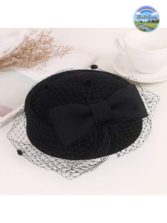 Wool Felt Pillbox Hat with Veil Flower Fascinator Derby Church Wedding